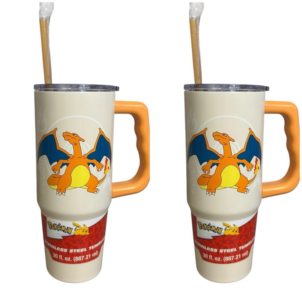 Pokemon Charizard Stainless Steel Tumbler Lid Handle Straw 30oz New Lot of 2